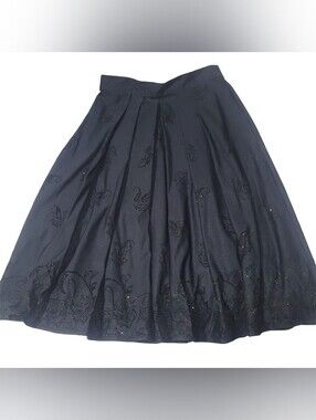 Vintage 80's Black Sparkly Paisley Flocked A-Line Pleated Midi Skirt Size 12